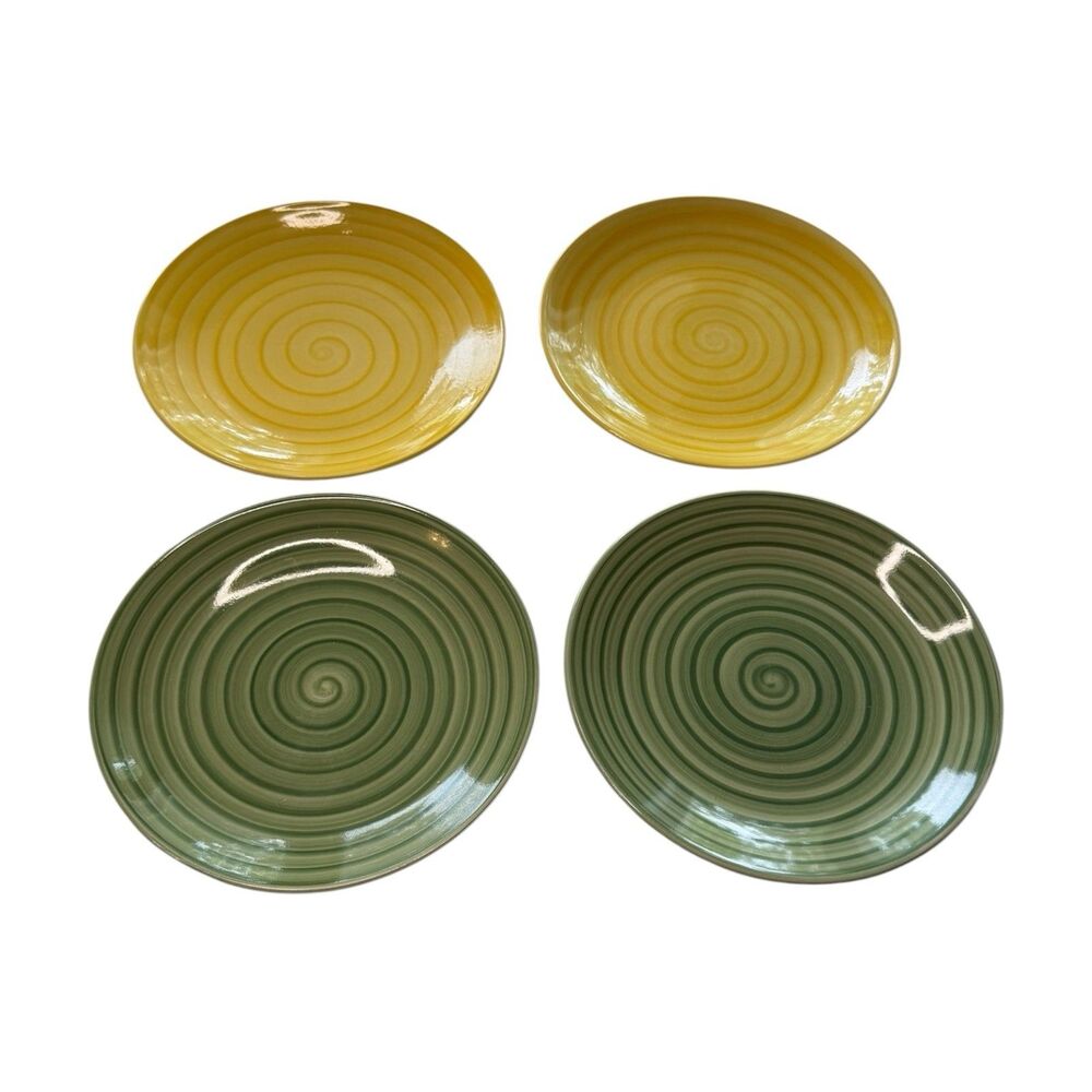 Vintage Swirl Hand Painted Plates Set 4 Green Yellow Stoneware Salad 8.25